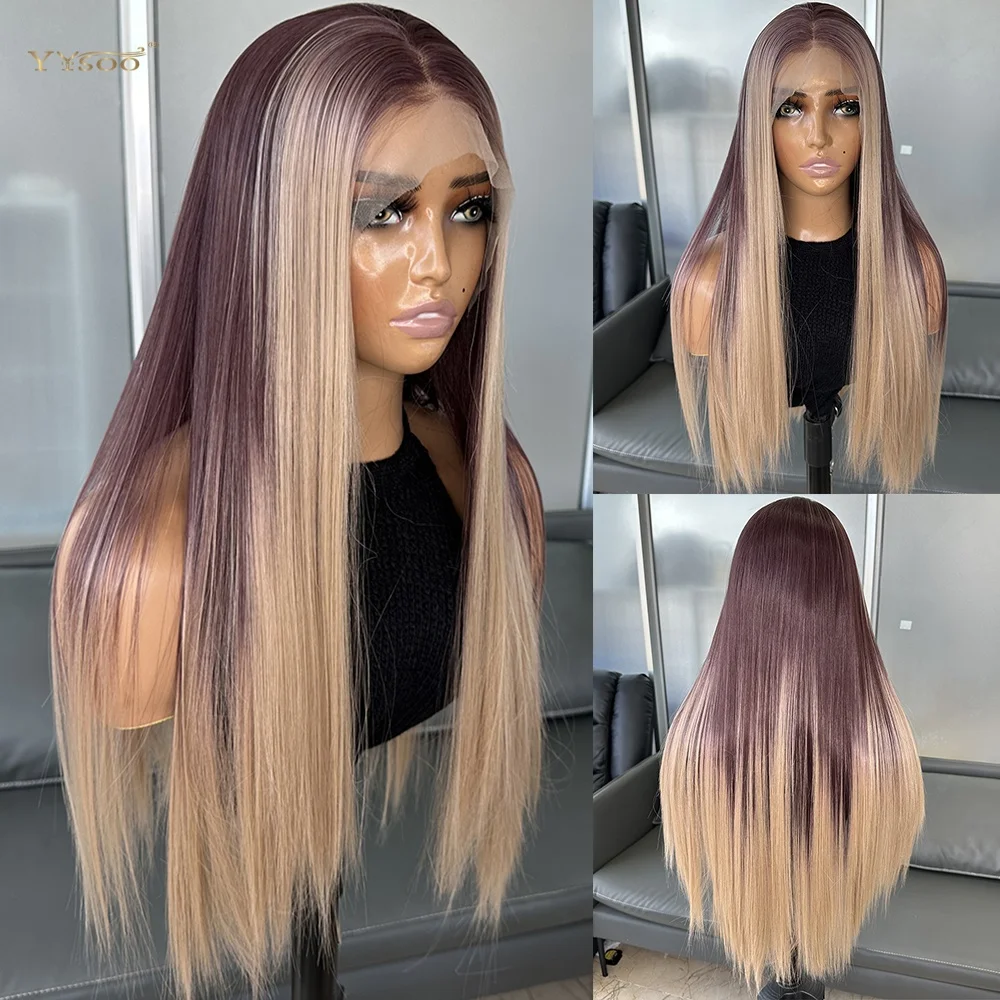 

Pre Plucked Hairline Long Futura Synthetic Hair 13x6 Lace Front Wig Highlight Baylayage Glueless Silky Straight Ombre Wig Daily