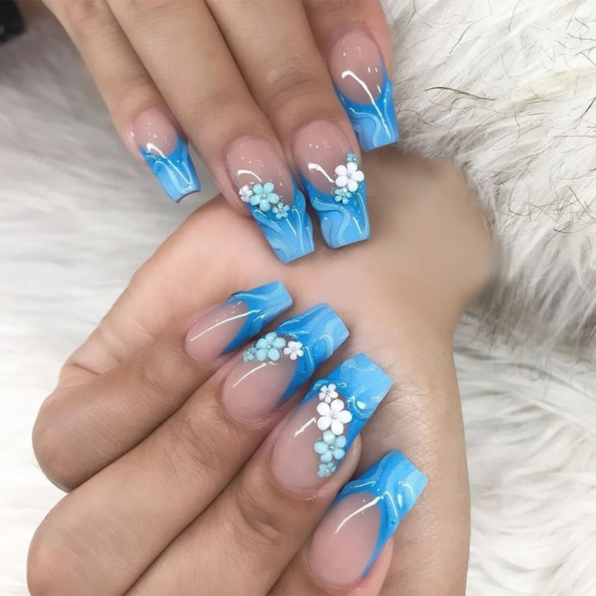 

24Pcs Mid-length Ballet False Nail with Blue French 3D Flower Design Press on Nails Reusable Finished Full Cover Fake Nails Tips
