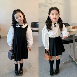 School Uniform Girls Sundress Children White Long Sleeve Blouse+sleeveless Dress 2 Piece Sets Baby Top Skirts Suit Kids Dresses