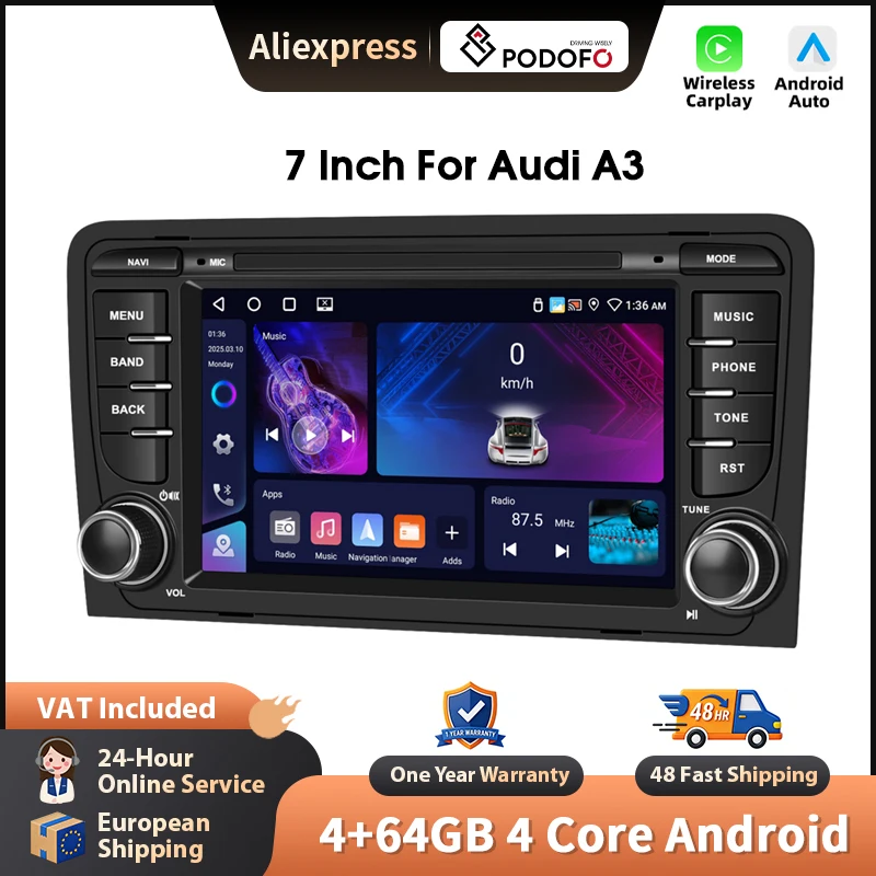 Podofo 7-Zoll-Autoradio für Audi A3 8P (2003-2012) Android CarPlay GPS-Navigation Head Unit WIFI FM/RDS Autoradio mit EQ und Bluetooth