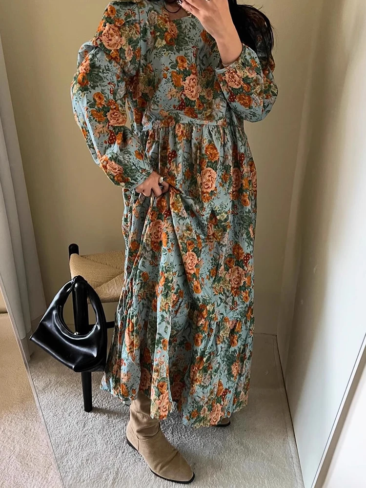 Korean chic autumn retro temperament vestidos 2024 o neck color printing stitching ruffled loose long-sleeved floral dress