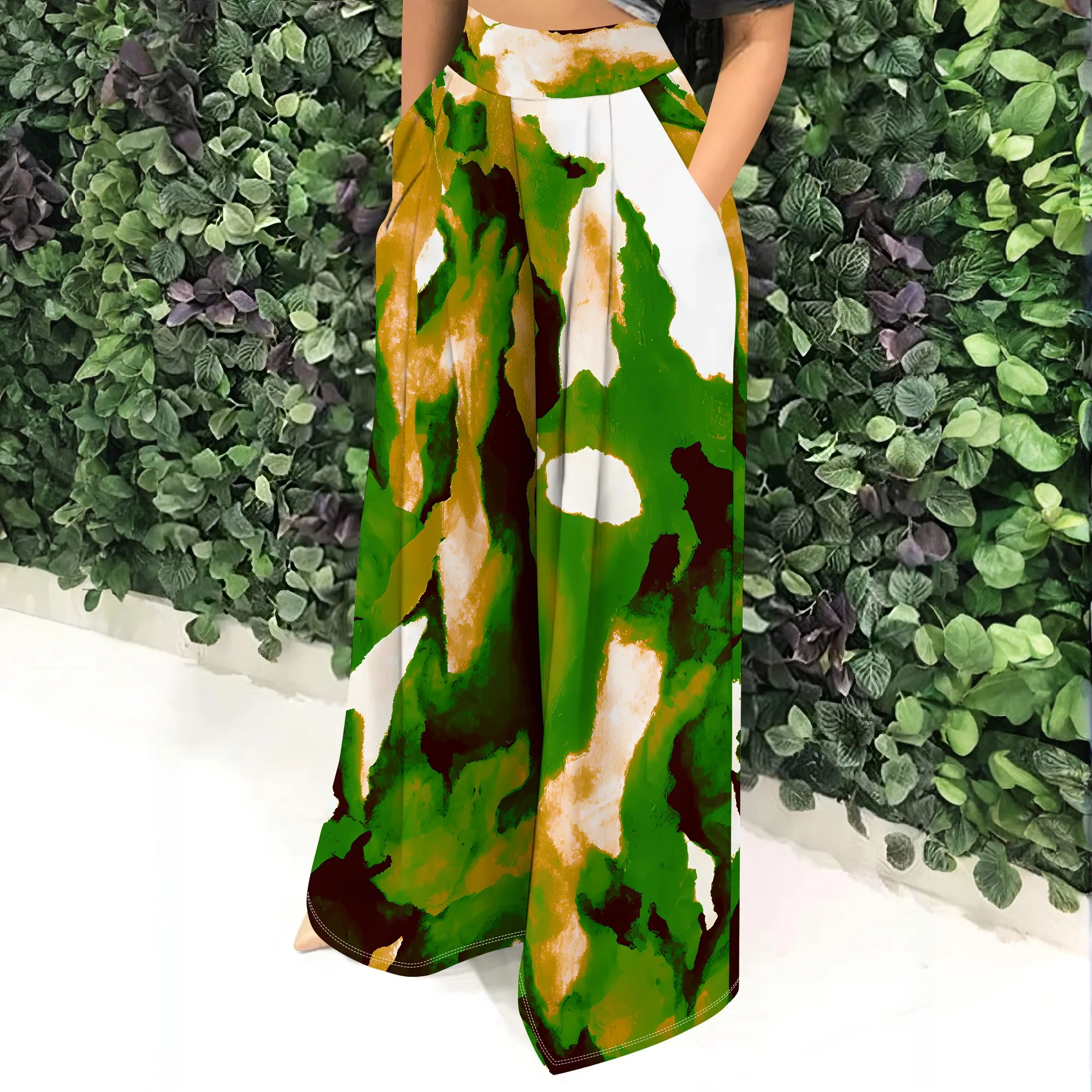 Green Camo High Waist Wide Leg Pants, Abstract Print Trousers, Pocket Lounge Wear, Streetwear for Women, S-2XL