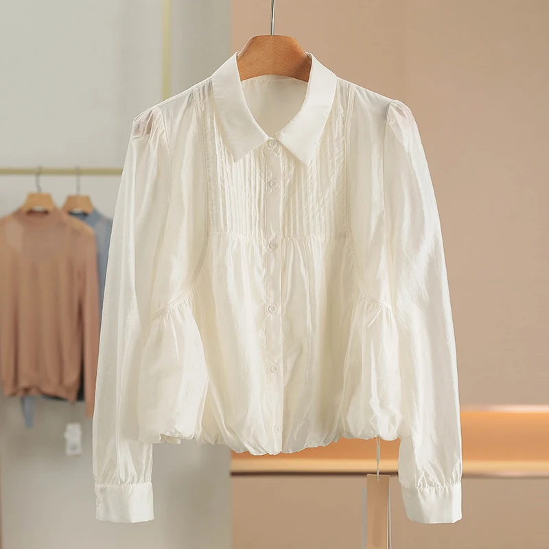 

Новинка Весна 2026: Женская повседневная рубашка из шелковой смеси в нежном стиле, свободного кроя, с длинным рукавом, эластичным низом и пуговицами.