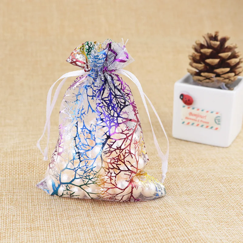10 Stück/Lot Organza-Geschenktüten mit Kordelzug, Ornament-Verpackungstaschen, mehrfarbig bedruckt mit Bäumen, für Party, Hochzeit, Süßigkeitenbeutel – Detail 7