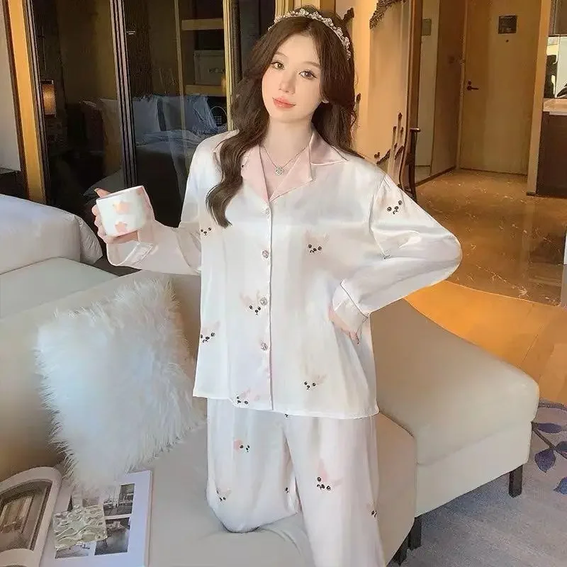 Cartoon Pyjamas Female Lapel Thin Section Simulation Silk Ladies Homewear Suit Senior Sense of Ice Silk Pyjamas Female Summer