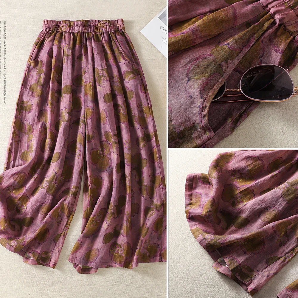 Retro Floral Print Wide Leg Pants Women's Casual Artistic Elastic Waist Skirt Pants Summer Thin Lyocell Polyester Blend