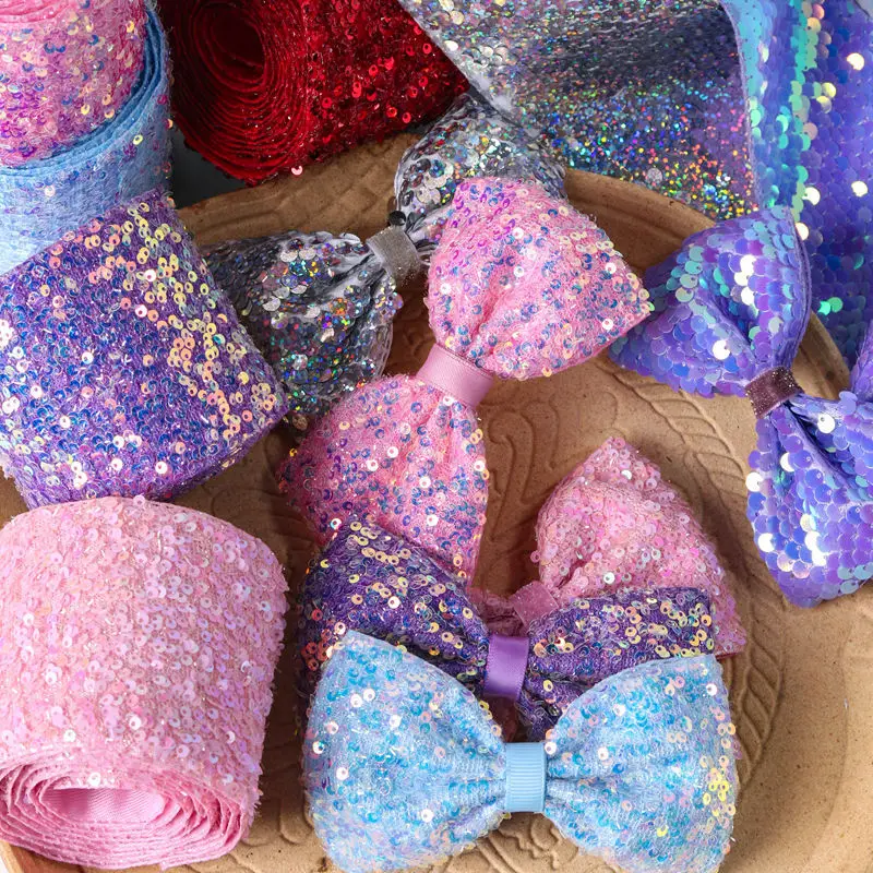 7cm Gradient Sequin Ribbon Mermaid Velvet Fabric for HairBow Accessories Band Pet Clip Collar Corsage Material 10Yards