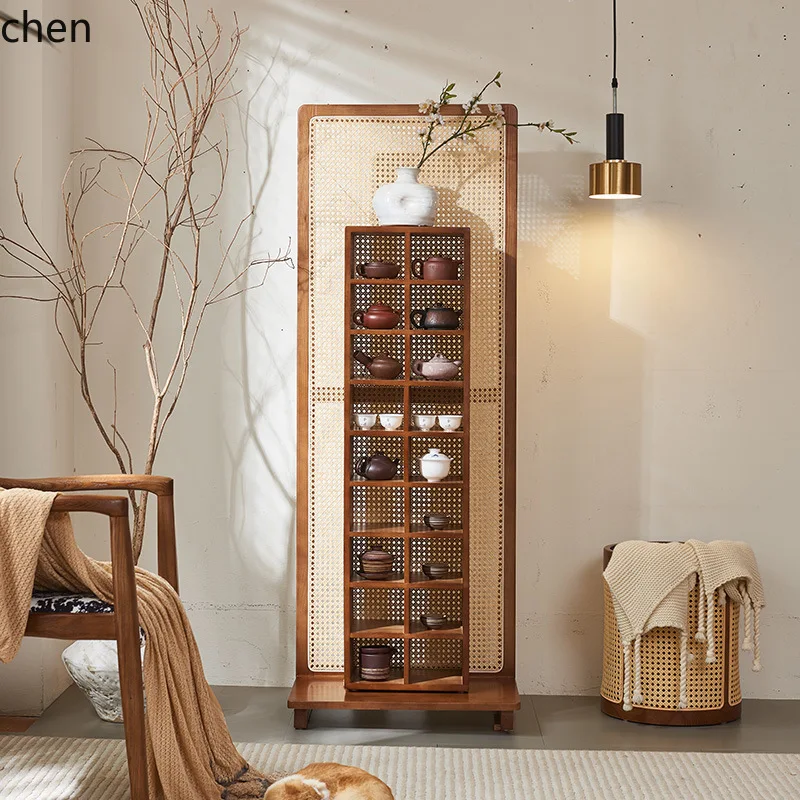 YFY Tea Room Rattan Woven Solid Wood Multi-Functional Cabinet Screen Partition Display Rack Rattan Woven Storage Cabinet
