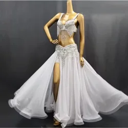 Professional White Belly Dance Costume for WomenOriental Dance Sequins Bra & Belt Set with Skirt, Bellydance Performance Outfit