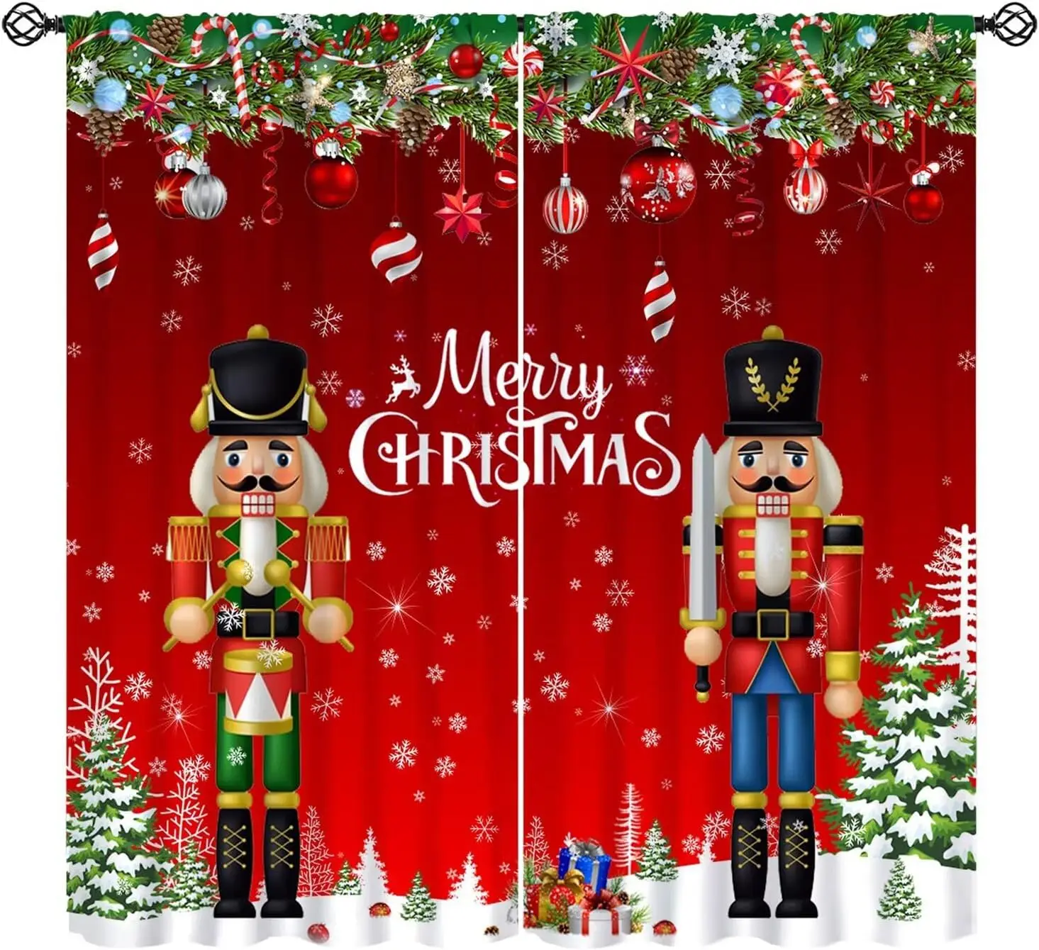 Kids Christmas Nutcracker Curtain Soldier Model Merry Xmas Window Treatments for Bedroom Living Room Snowflakes Winter RedDrapes