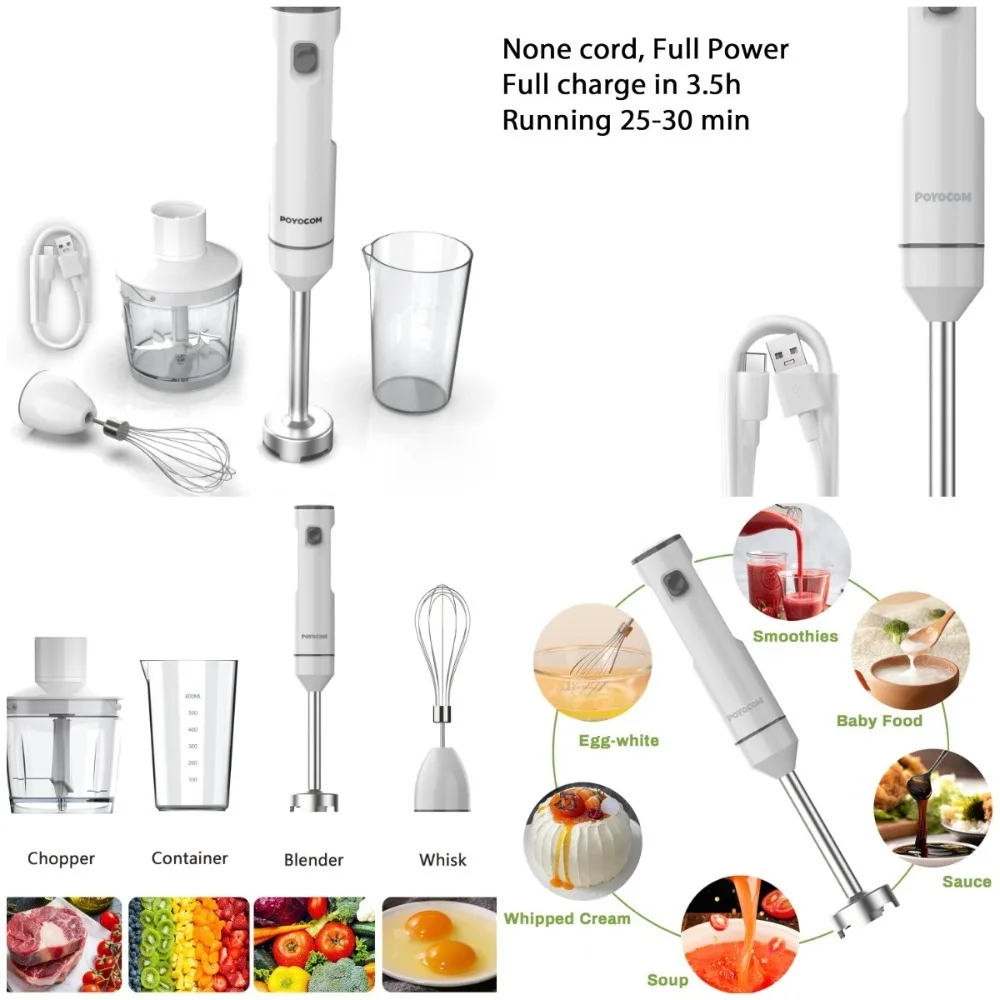 Kabelloser Handmixer, Akku-Mixer mit TYP-C, 500ml Lebensmittelhacker, Schneebesen, für Smoothies, Babynahrung, Weiß