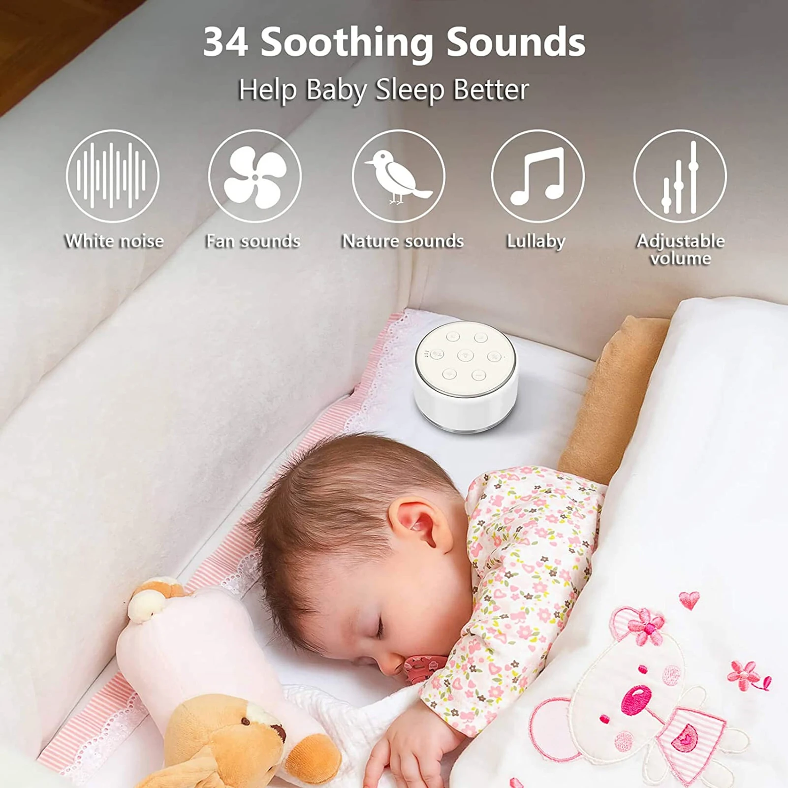 White Noise Machine Desktop Sleep Sound Machine per Baby Sleep Soother 7 colori luci notturne 34 suoni e Timer rilassanti