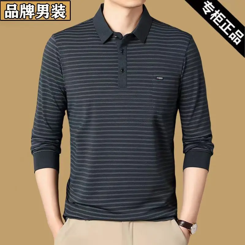Men Spring Autumn Striped Long Sleeve Polo Shirt Cotton Real Pocket Collared Casual Top for Middle Aged Father