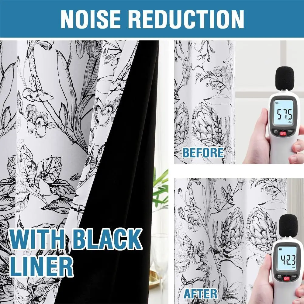 Cortinas blackout Camellia Floral 108 com ilhó, conjunto de 2 painéis, forro preto, isolamento térmico
