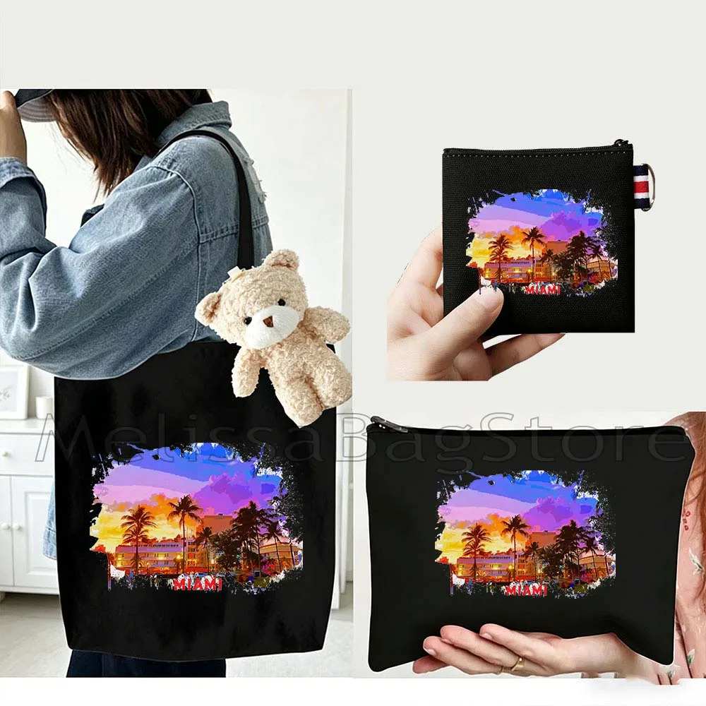 

4PCS Gifts Set Miami Florida White Canvas Tote Bag Handbag with Doll Key Coin Purse Cosmetic Makeup Toilet Bag Case Pouch