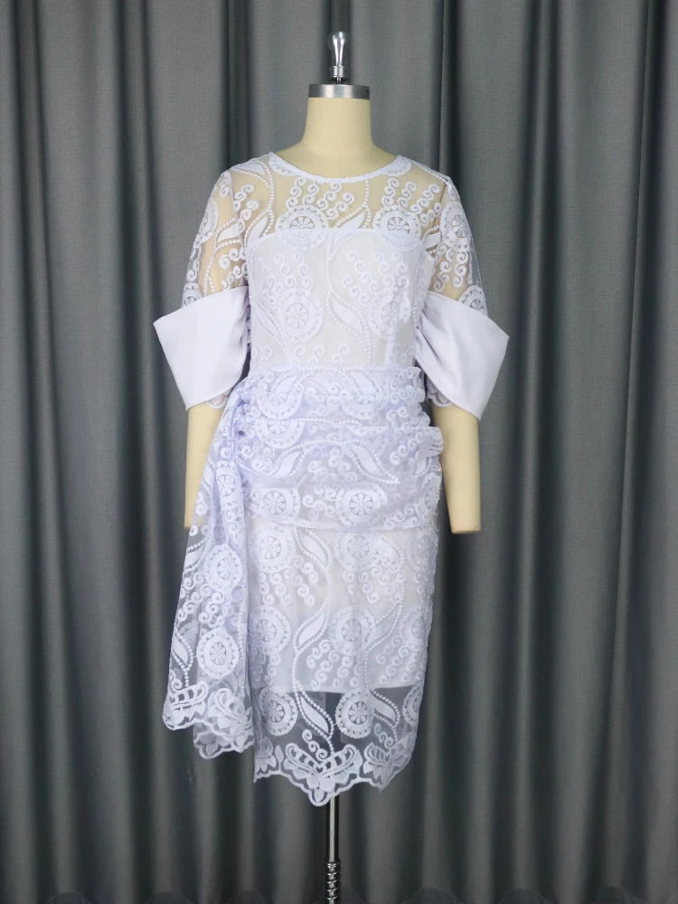 

White Lace Dresses for Women Vintage Crew Neck Embroidery Tunic Package Hip Retro Elegant Midi Dress Holiday Party Wedding Gowns