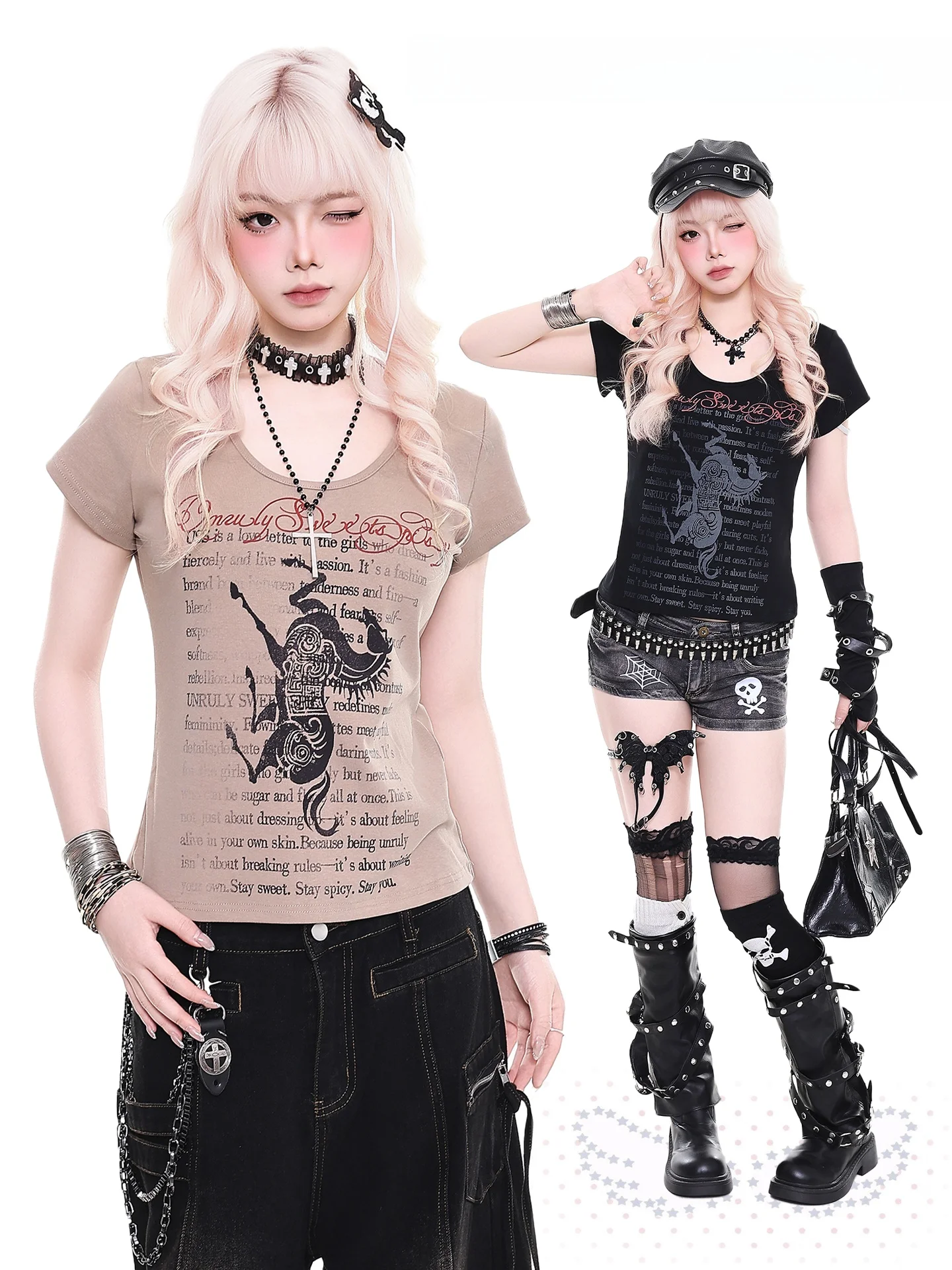 

Женская летняя повседневная футболка с коротким рукавом и принтом в стиле ретро, облегающая, с открытыми плечами, в стиле панк, Orange Marmalade YO Subculture