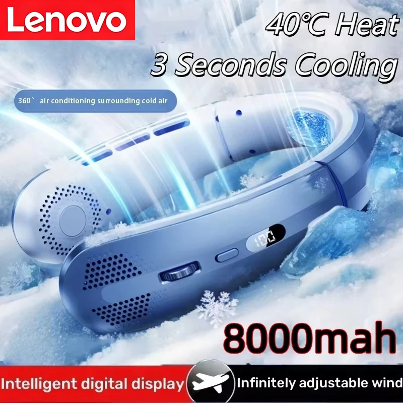 Lenovo 8000 mAh elektrischer Halsventilator zum Aufhängen, tragbar, blattlos, wiederaufladbar, stumm, LED-Digitalanzeige, Luftkühler für den Außenbereich