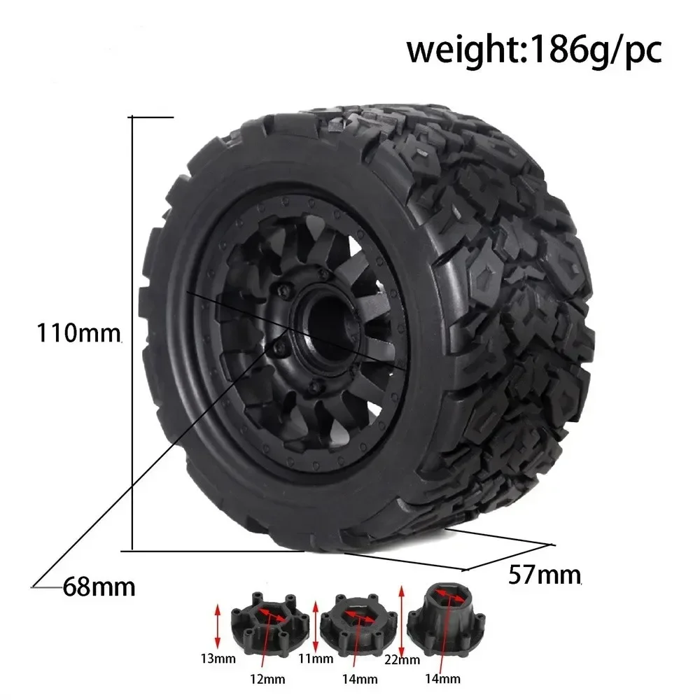 Pneus universais para Tamiya HPI Kyosho Arrma, caminhões, adaptador 12-14mm, substituição de pneu plástico, carro RC, 4pcs, 1:10