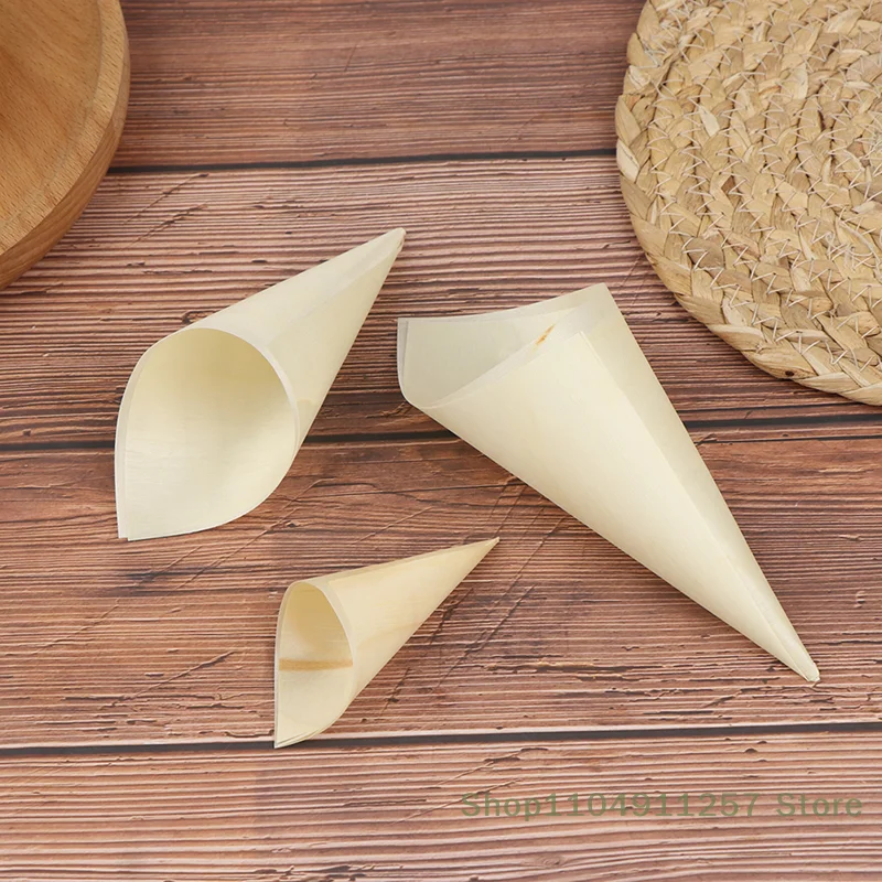 

2025L~50 Pcs Disposable Wood Appetizer Cones Ice Cream Cone Cups Party Candy Cones Baking And Pastry Tools