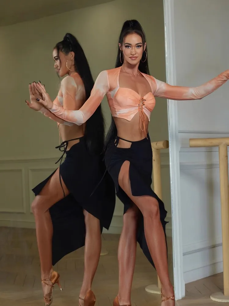 ZYM 라틴 댄스 불규칙 스커트, 롱 룸바 착용, 섹시한 블랙 컬러, 트레이닝 연습 공연용 스플릿 이레 원피스, #2386