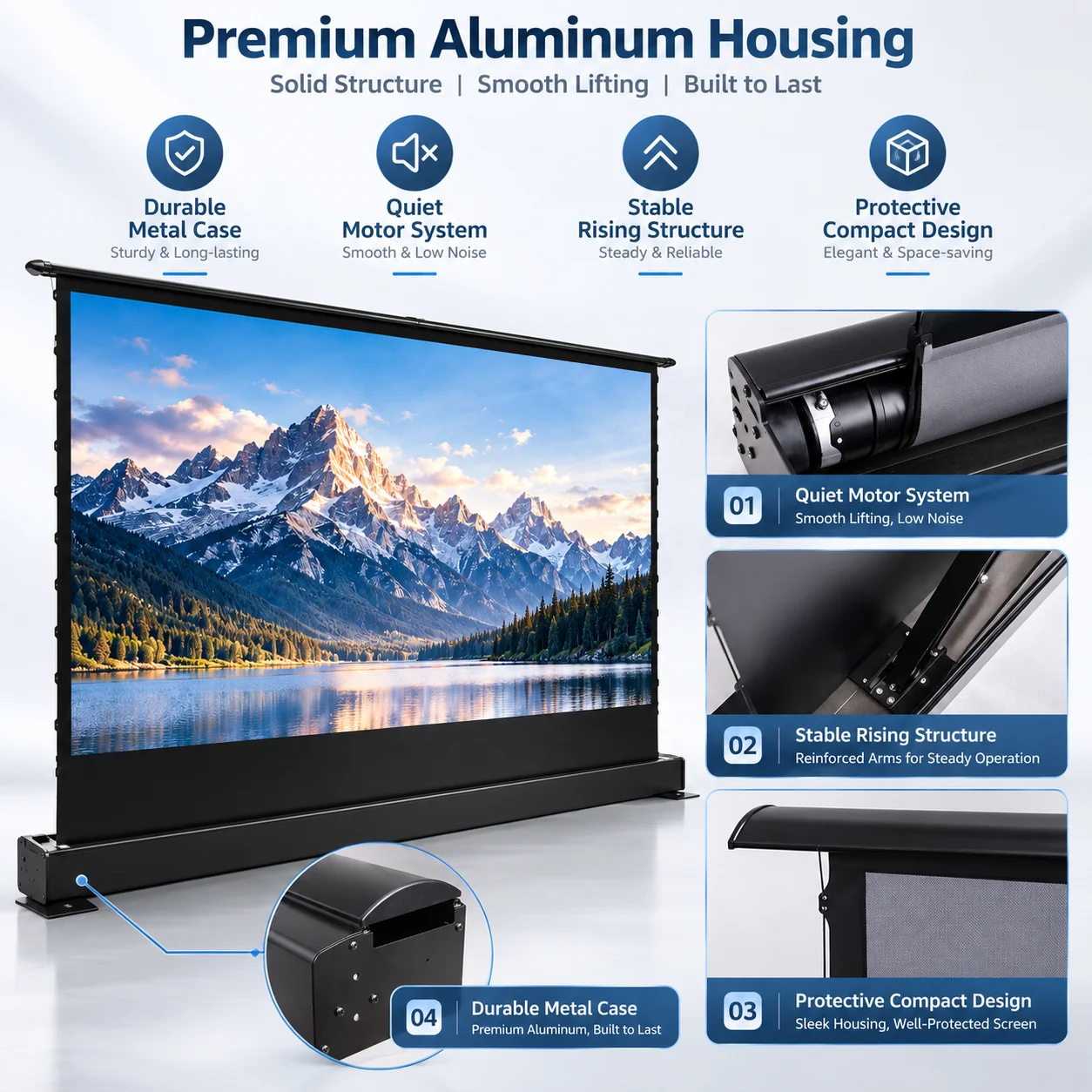 4K 8K Ready Electric Floor Rising Projector Screen Portable Motorized Cinema Screen Tab Tensioned Projection Screen Manufacturer