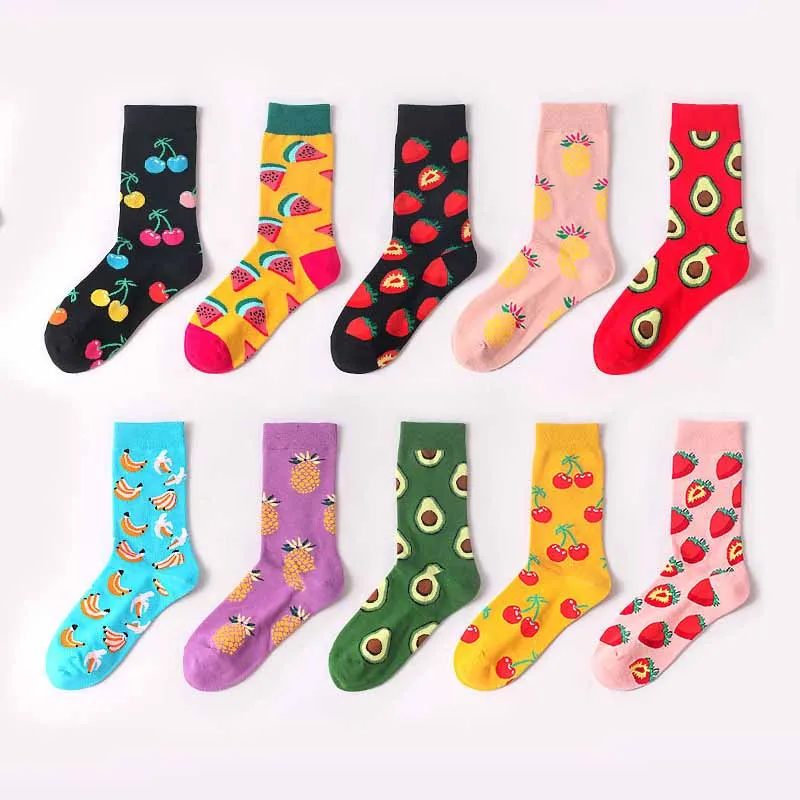 Unisex kobiety mężczyźni skarpetki bawełniane śmieszne szczęśliwe skarpetki owoce w stylu kreskówki arbuz truskawka wiśnia banan ananas bawełniana pończocha