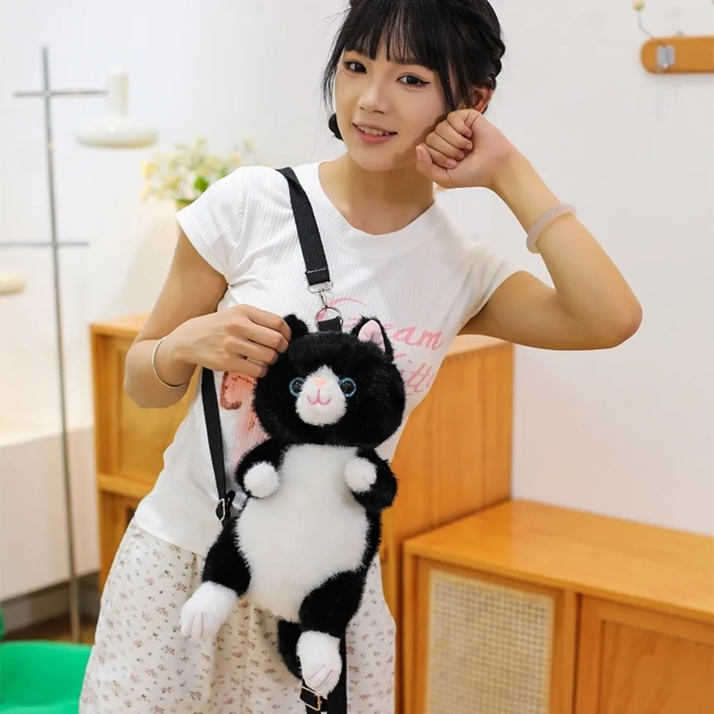 Cute Soft Cat Backpack Striped Pattern Fluffy Texture Stuffed Animal Daypack Sitting Pose Lovable Simulation Cat Bag Home Decor