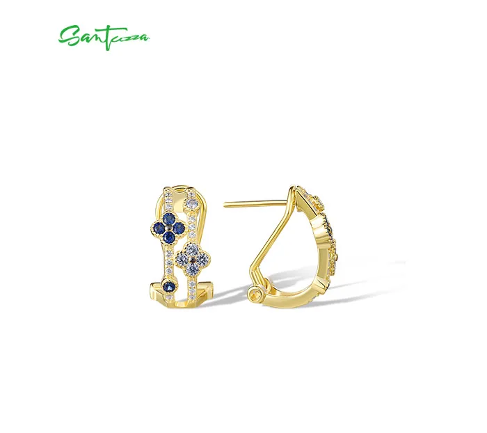 SANTUZZA Ohrclips aus reinem 925er Sterlingsilber für Damen, funkelnde blaue und schwarze Blumen, modischer Hochzeitsschmuck, edle Schmuckgeschenke – Detail 12