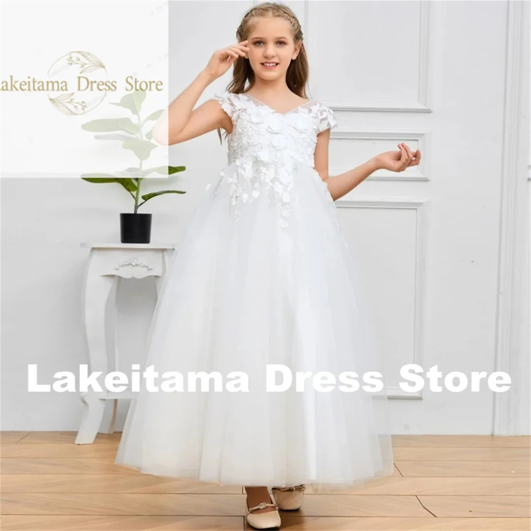 Customization Flower Girl Dresses White Tulle Puffy Appliques Sleeveless For Wedding Birthday Party Banquet First Communion Gown