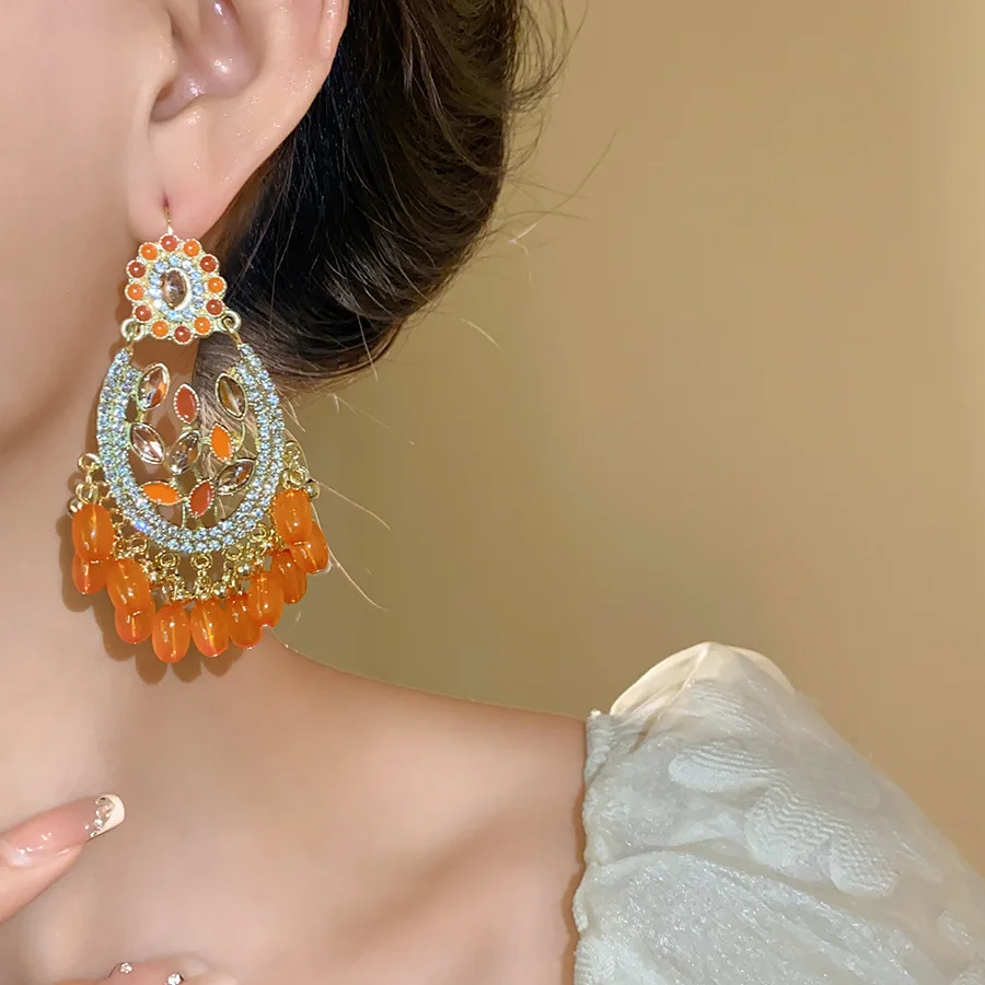 Geometric Oval Tassel Earrings, Ethnic Vintage Dangle Jewelry, Unique Luxury Ear Hook For Women Party Wedding Elegant