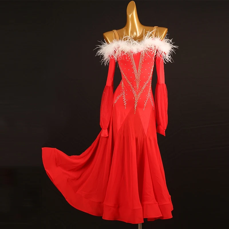 New Ballroom Dance Dress Competition Dress For Women National Standard Dance Feather Sleeve Rhinestones Modern Clothing DQL10230