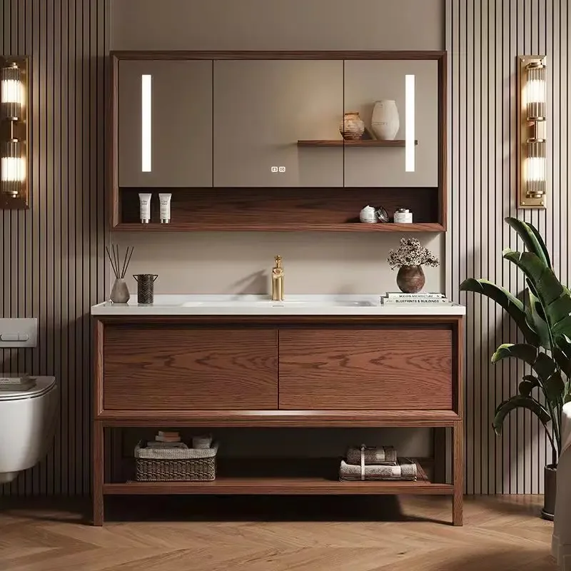 Chinese floor-to-ceiling red oak ceramic integrated wash basin bathroom cabinet combination bathroom washbasin smart