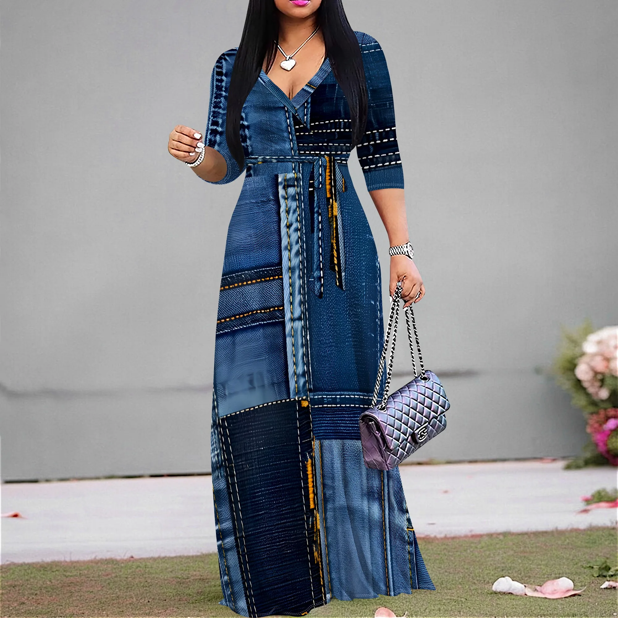 

Women's Faux Denim Patchwork Maxi Dress V-Neck Belted Long Sleeve Afro Street Style Outfit for Juneteenth or Urban Parade S-3XL