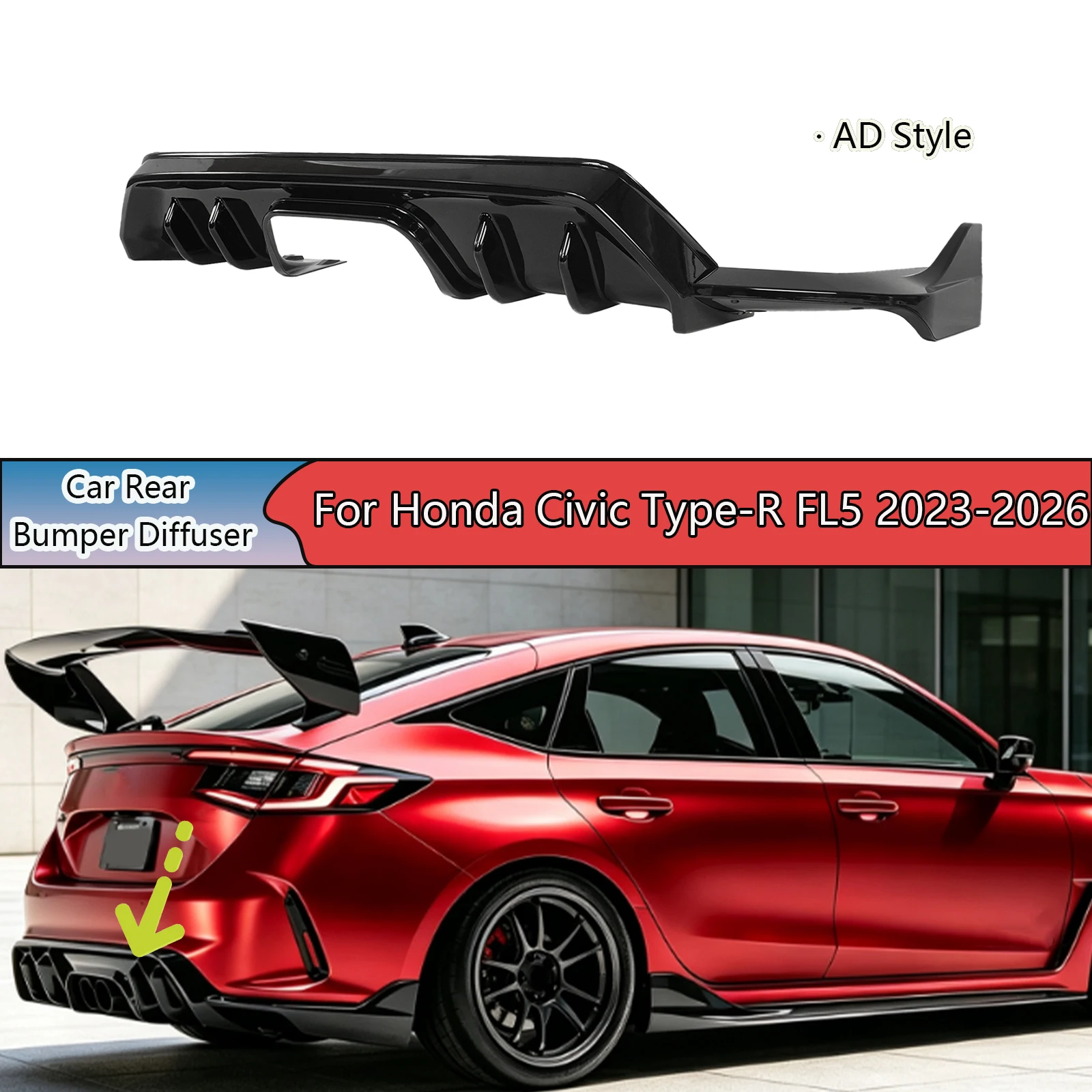 Image of Für Honda Civic Type-R FL5 2023 - 2026 Auto-Heckdiffusor Glänzend Schwarz/Carbon-Optik Auto-Zubehör ABS-Kunststoff