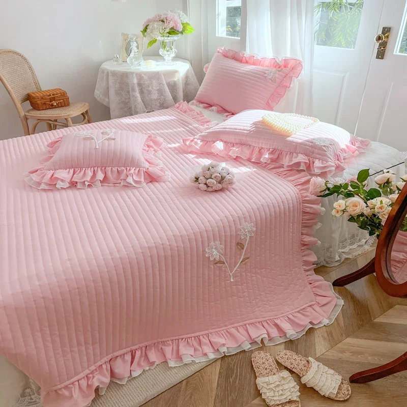 Solid Color High Quality Cotton Thicken Bed Cover Quilted Princess  Bed Skirt Bed Sheet Bedspread Mattress Cover Pillowcases