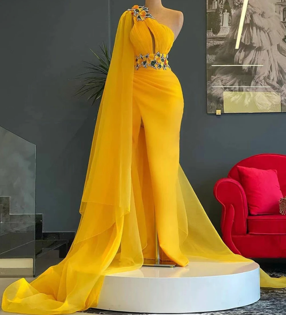 Arabic Yellow Flowers Evening Dresses One Shoulder Mermaid Fashion Show Dress For Women Long Formal Gowns