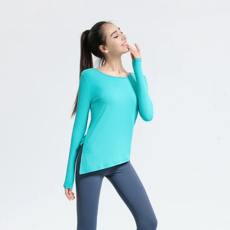 Ribbed Long-sleeved Tight-fitting Sports Shirts Women Gym Yoga Fitness Irregular Lace-up Top Soft Skin-friendly Elastic Top