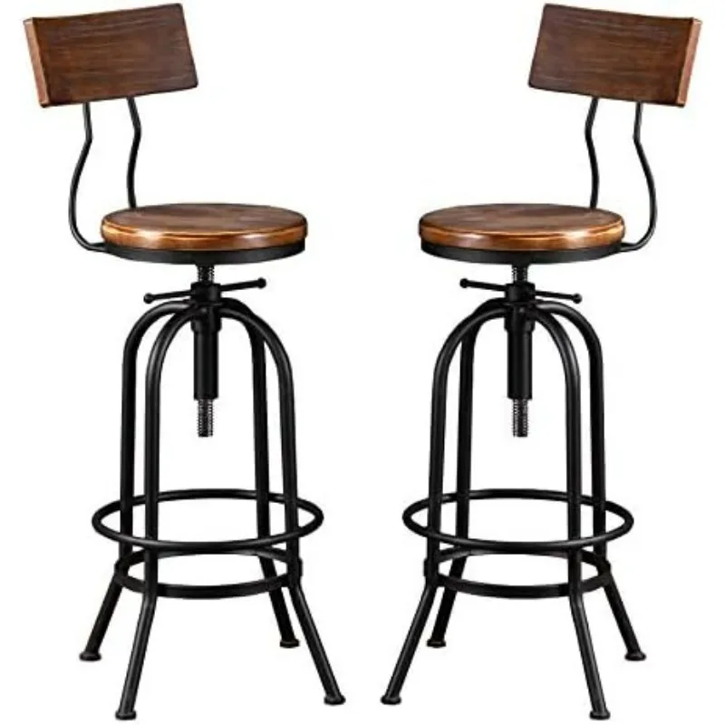 Industrial Bar Stool-26-32 Inch Adjustable Swivel Round Wood Metal Kitchen Stool Rustic Farmhouse Counter