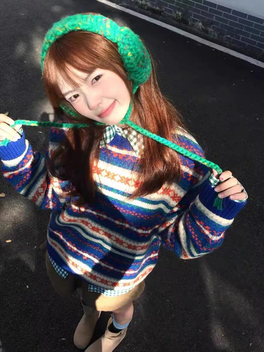 

Ayu Home Retro Knitted Sweater Fair Isle Women's Loose Casual Sweater Spring Autumn Versatile Comfortable Cotton Long Sve