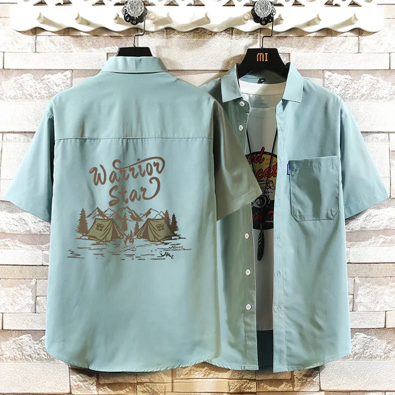 

Мужская свободная рубашка из ледяного шелка с коротким рукавом, с принтом, отложным воротником, дышащая, летняя, модная, в уличном стиле, для студентов