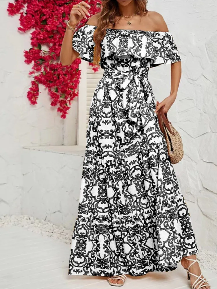 فستان مطبوع أنيق للنساء كاجوال مكشكش وأكمام قصيرة ورقبة مائلة فساتين فضفاضة للسيدات لقضاء العطلات على الشاطئ ملابس نسائية بوهو