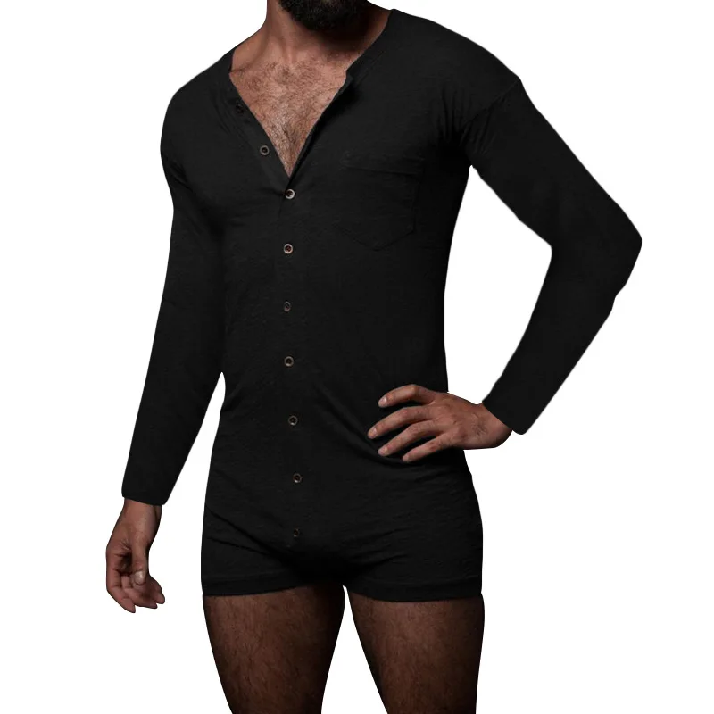 2024 Men's Sexy Pajamas Sets Casual One Piece Male Onesie Long Sleeve Solid Romper Single-breasted Jumpsuit Sleepwear Nightwear