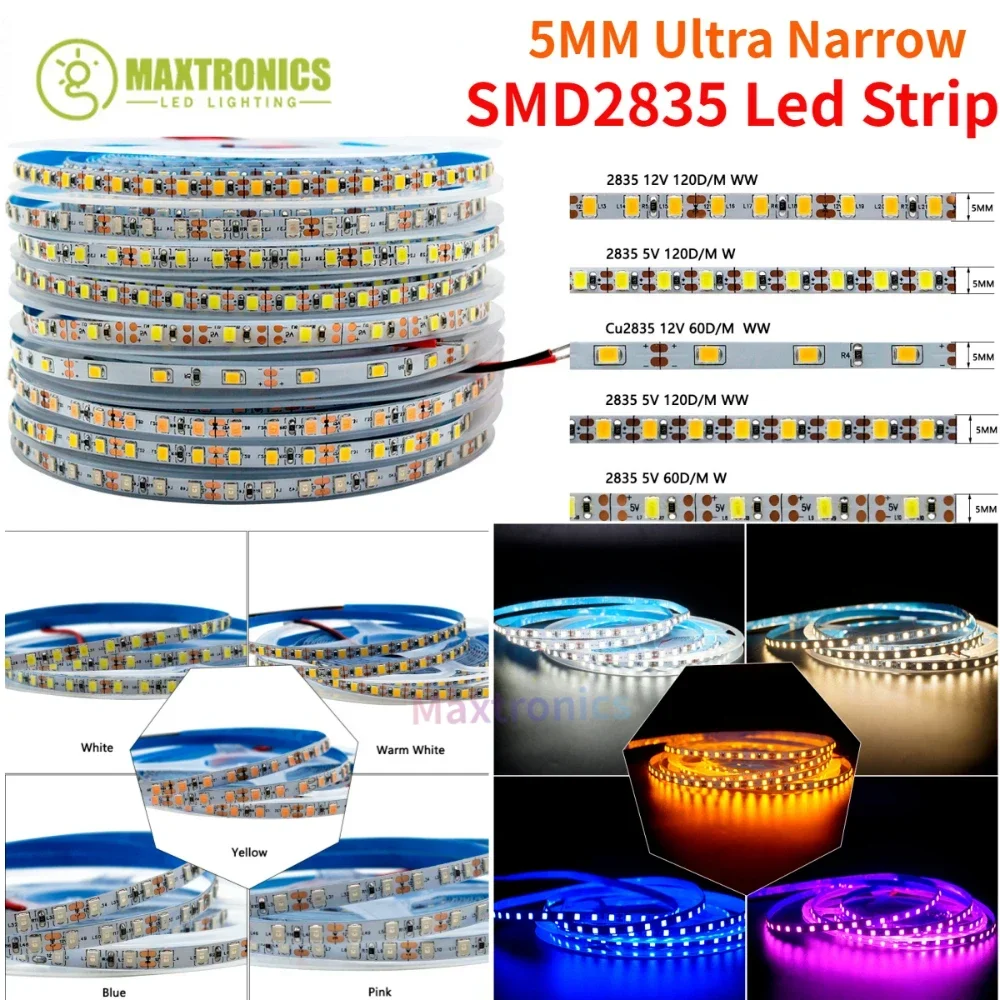 

DC5V/12V 5M Ultra Narrow 5mm SMD2835 Led Strip 60/120leds/m Red Green Blue Warm White White LED Flexible Pixel Lights White PCB