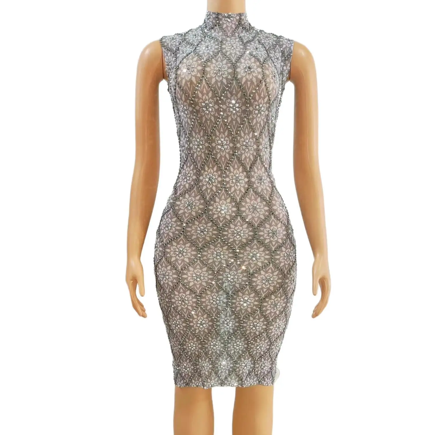 Tuoluo Womens Luxury Silver Rhinestone Sheer Mesh Midi Dress High Neck Sleeveless Bodycon Formal Evening Party Cocktail Gown