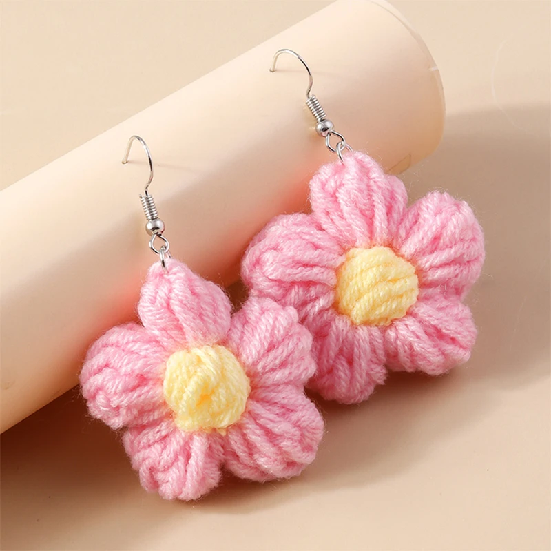 Cute Colorful Flower Drop Earrings for Women Handmade Crochet Flower Dangle Hooks Earrings Girls Party Holiday Jewelry Gifts