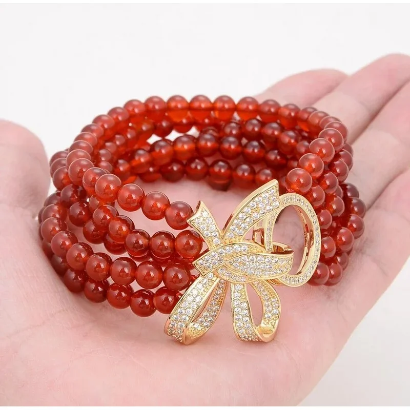 New Jewelry Bracelet  Natural Stone 8'' 5Strands Round Red Agate Carnelian CZ Flower Bracelet Lady Gif