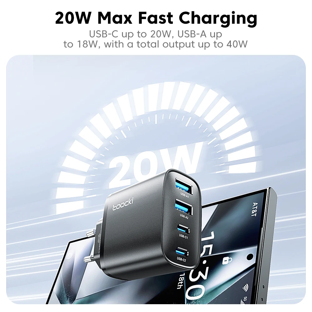 Toocki 40 واط GaN شاحن سريع QC4.0 PD3.0 AFC SCP 4 منفذ USB نوع C شاحن آيفون 16 15 14 سامسونج S25 S24 شاومي هواوي ممن لهم