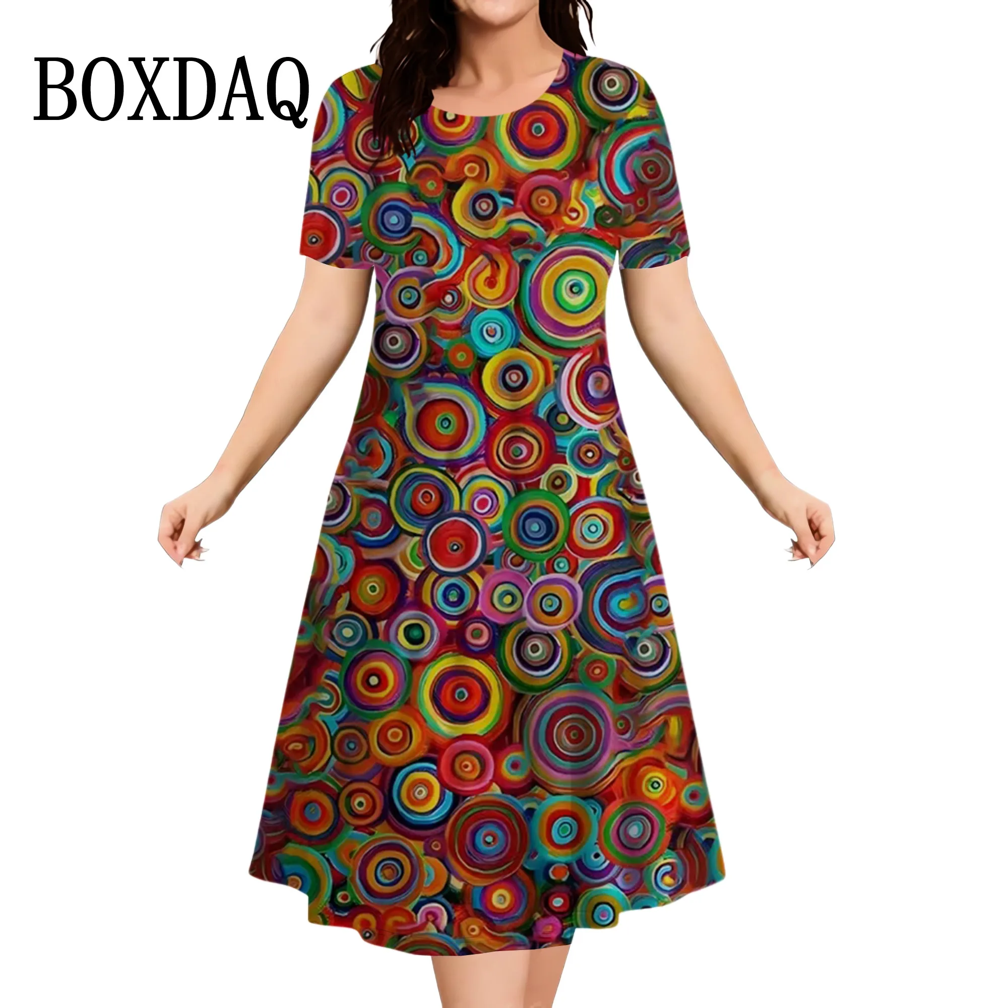 Sukienki damskie Sweet Candy Color Circle Print na lato 2024 Odzież modowa Casual O-Neck Krótki rękaw Plus Size Sukienka Luźna