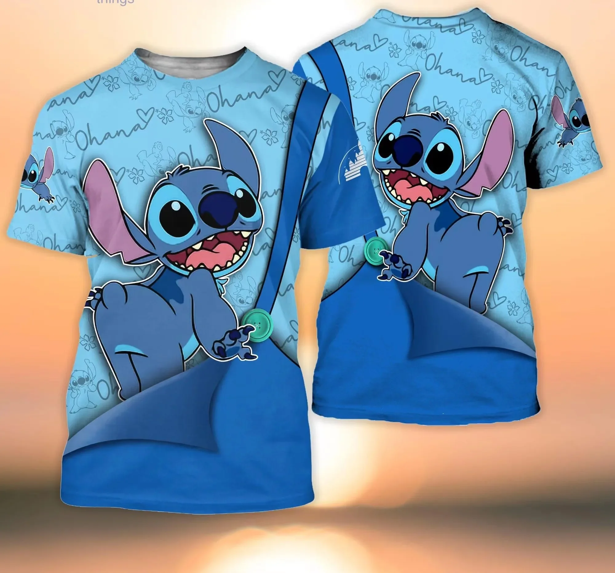 2024 Summer New Disney 3D Printing T-shirt Stitch Blue Pattern Short Sleeves Disney Cartoon Three Dimensional T-shirt Unisex